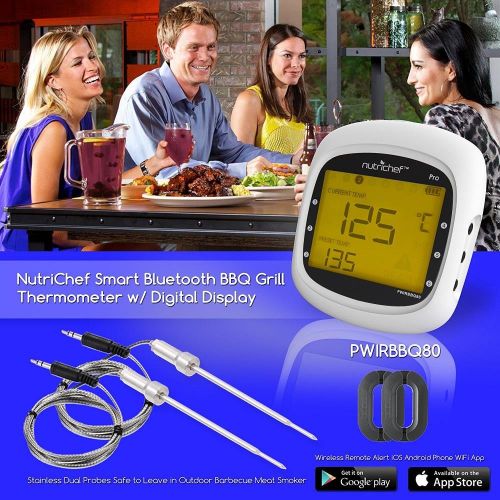  Smart Bluetooth BBQ Grill Thermometer - Upgraded Stainless Dual Probes Safe to Leave in Outdoor Barbecue Meat Smoker - Wireless Remote Alert iOS Android Phone WiFi App - NutriChef