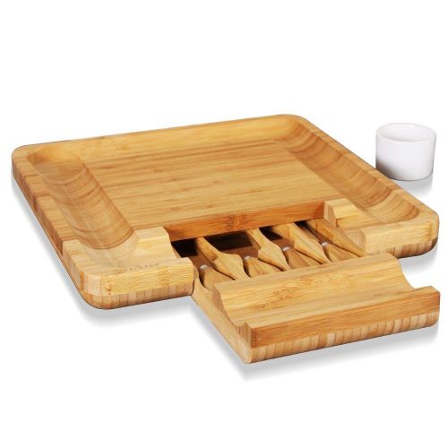  NutriChef Bamboo Cheese Board Set - Bonus Condiment Cup - Closing Drawer Tray, 4 Stainless Steel Knives - PKCZBD10