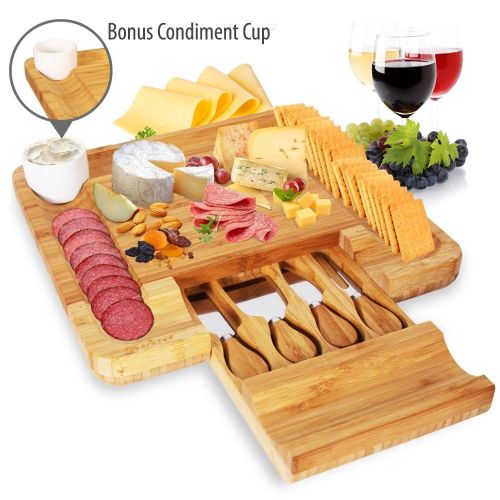  NutriChef Bamboo Cheese Board Set - Bonus Condiment Cup - Closing Drawer Tray, 4 Stainless Steel Knives - PKCZBD10