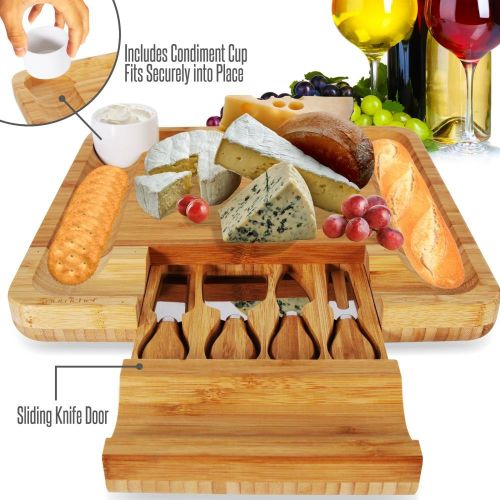  NutriChef Bamboo Cheese Board Set - Bonus Condiment Cup - Closing Drawer Tray, 4 Stainless Steel Knives - PKCZBD10