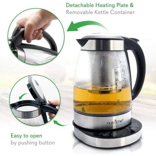  NutriChef Electric Glass Water Kettle - 1.7L Original Clear Digital Automatic Heater Warmer Kit Set wTemperature Control, Timer, LED, Lid Cover, Accessories - For Boiling, Brewing