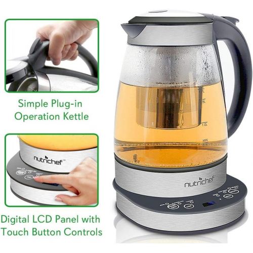  NutriChef Electric Glass Water Kettle - 1.7L Original Clear Digital Automatic Heater Warmer Kit Set wTemperature Control, Timer, LED, Lid Cover, Accessories - For Boiling, Brewing