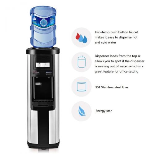  Nutrichef Costway Water Cooler Dispenser 5 Gallon Top Loading Water Dispenser Stainless Steel Freestanding Water Cooler W/Hot and Cold Water (Black and Silver)