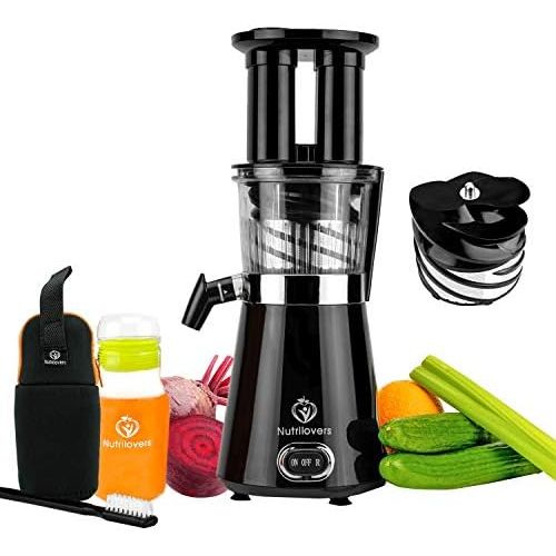  NUTRILOVERS NUTRI-PRESS Slow Juicer Entsafter mit 2 Einfuelloeffnungen | Elektrische Obst & Gemuese Saftpresse | BPA-Frei | Geringe Drehzahl nur 60 U/min | Glas-Trinkflasche & Reinigungsbuerste