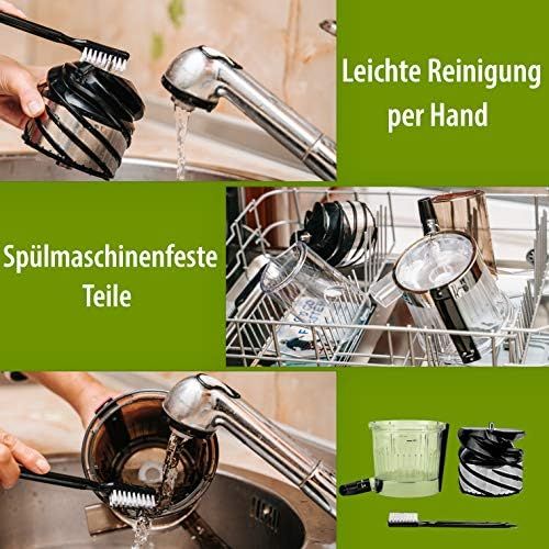  NUTRILOVERS NUTRI-PRESS Slow Juicer Entsafter mit 2 Einfuelloeffnungen | Elektrische Obst & Gemuese Saftpresse | BPA-Frei | Geringe Drehzahl nur 60 U/min | Glas-Trinkflasche & Reinigungsbuerste