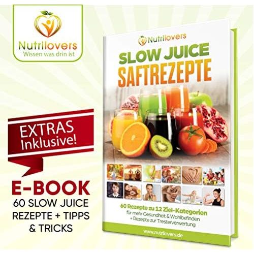  NUTRILOVERS NUTRI-PRESS Slow Juicer Entsafter mit 2 Einfuelloeffnungen | Elektrische Obst & Gemuese Saftpresse | BPA-Frei | Geringe Drehzahl nur 60 U/min | Glas-Trinkflasche & Reinigungsbuerste