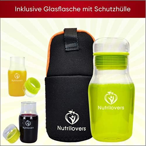  NUTRILOVERS NUTRI-PRESS Slow Juicer Entsafter mit 2 Einfuelloeffnungen | Elektrische Obst & Gemuese Saftpresse | BPA-Frei | Geringe Drehzahl nur 60 U/min | Glas-Trinkflasche & Reinigungsbuerste