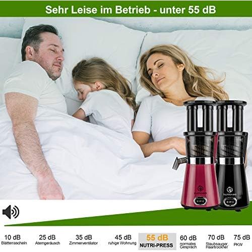  NUTRILOVERS NUTRI-PRESS Slow Juicer Entsafter mit 2 Einfuelloeffnungen | Elektrische Obst & Gemuese Saftpresse | BPA-Frei | Geringe Drehzahl nur 60 U/min | Glas-Trinkflasche & Reinigungsbuerste