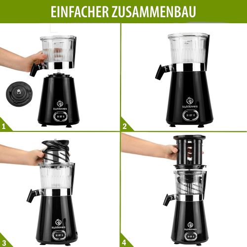  NUTRILOVERS NUTRI-PRESS Slow Juicer Entsafter mit 2 Einfuelloeffnungen | Elektrische Obst & Gemuese Saftpresse | BPA-Frei | Geringe Drehzahl nur 60 U/min | Glas-Trinkflasche & Reinigungsbuerste