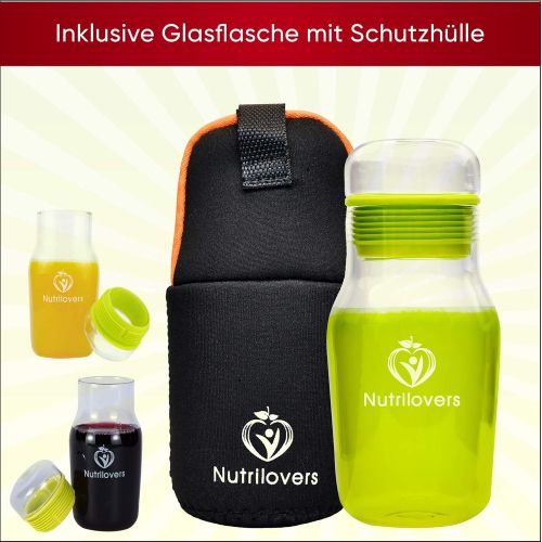  NUTRILOVERS NUTRI-PRESS Slow Juicer Entsafter mit 2 Einfuelloeffnungen | Elektrische Obst & Gemuese Saftpresse | BPA-Frei | Geringe Drehzahl nur 60 U/min | Glas-Trinkflasche & Reinigungsbuerste