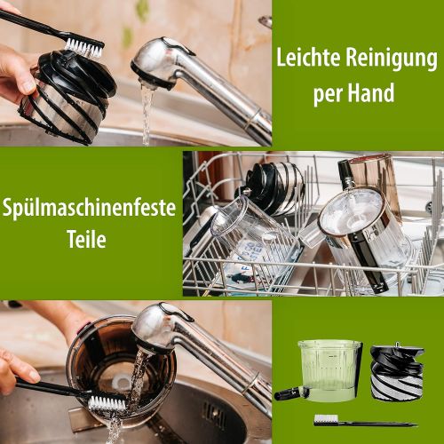  NUTRILOVERS NUTRI-PRESS Slow Juicer Entsafter mit 2 Einfuelloeffnungen | Elektrische Obst & Gemuese Saftpresse | BPA-Frei | Geringe Drehzahl nur 60 U/min | Glas-Trinkflasche & Reinigungsbuerste