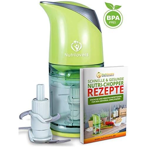  NUTRILOVERS NUTRI-CHOPPER Multizerkleinerer elektrisch | Universalzerkleinerer fuer Nuesse, Zwiebel, Obst & Gemuese, Fleisch - 400 Watt Zerkleinerer | 4-Klingen Edelstahl | Mixbehalter (500ml)