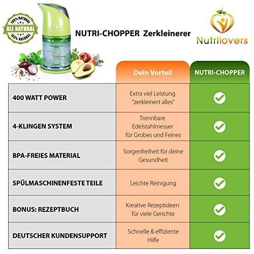  NUTRILOVERS NUTRI-CHOPPER Multizerkleinerer elektrisch | Universalzerkleinerer fuer Nuesse, Zwiebel, Obst & Gemuese, Fleisch - 400 Watt Zerkleinerer | 4-Klingen Edelstahl | Mixbehalter (500ml)