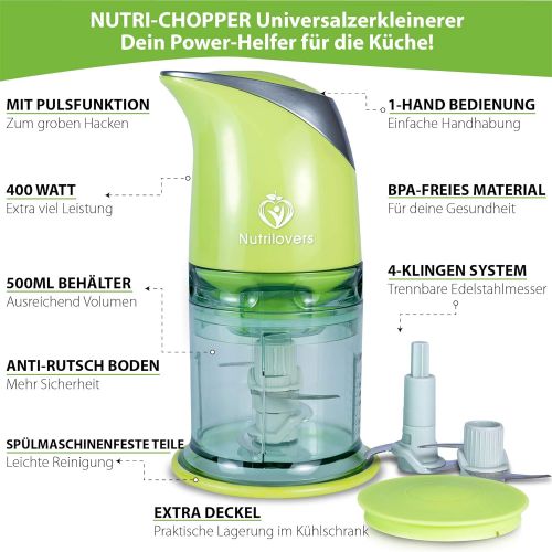  NUTRILOVERS NUTRI-CHOPPER Multizerkleinerer elektrisch | Universalzerkleinerer fuer Nuesse, Zwiebel, Obst & Gemuese, Fleisch - 400 Watt Zerkleinerer | 4-Klingen Edelstahl | Mixbehalter (500ml)