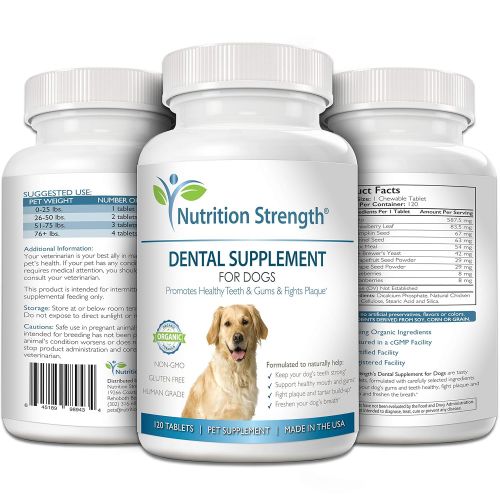 Nutrition Strength Dental Care for Dogs, Daily Supplement for Healthy Dog Gums and Teeth with Organic Kelp, Strawberry Leaf, Pumpkin Seed for Dog Mouth and Teeth Cleaning, 120 Chew