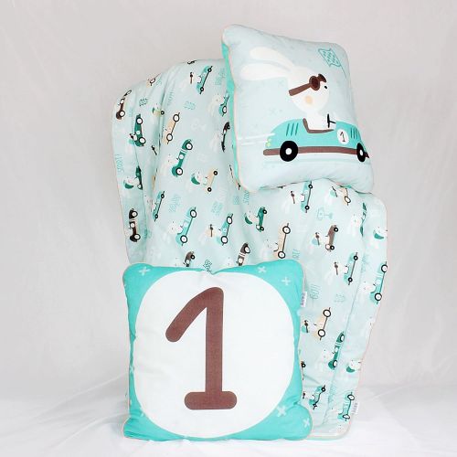  NuvaArt Boy Bedding Set Racer Rabbit Bunny in Car Race, Toddler Baby Bedding, Blanket and Two Pillow, Mint | Nuva