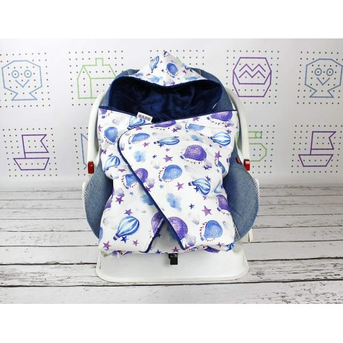  NuvaArt Car Seat Blanket in Air Balloons, Car Seat Blanket Infant Handmade Swaddle Travel Wrap Hooded Blanket