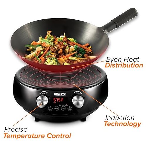  Nuwave Mosaic Induction Wok, Precise Temp Controls from 100°F to 575°F in 5°F, Wok Hei, Infuse Complex Charred Aroma & Flavor, 3 Watts 600,900 & 1500, Authentic 14-inch Carbon Steel Wok Included,Black