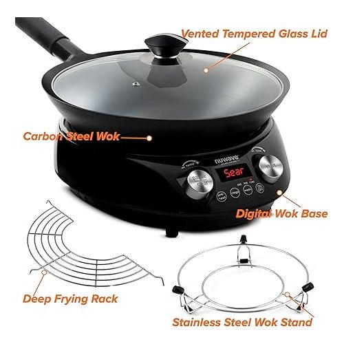  Nuwave Mosaic Induction Wok, Precise Temp Controls from 100°F to 575°F in 5°F, Wok Hei, Infuse Complex Charred Aroma & Flavor, 3 Watts 600,900 & 1500, Authentic 14-inch Carbon Steel Wok Included,Black