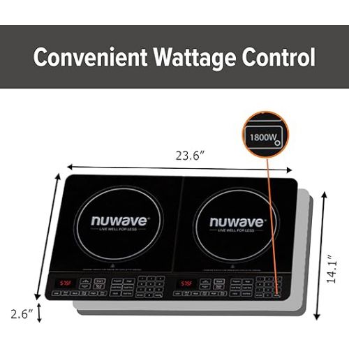  Nuwave Double Induction Cooktop, Powerful 1800W, 2 Large 8” Heating Coils, Independent Controls, 94 Temp Settings from 100°F to 575°F in 5°F Increments, 2 x 11.5” Shatter-Proof Ceramic Glass Surface