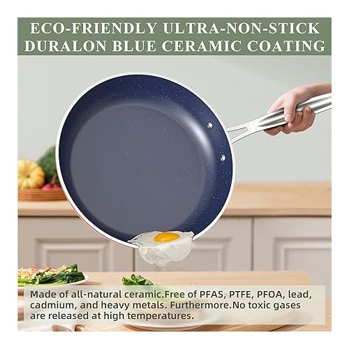  Nuwave Healthy Duralon Blue Ceramic Nonstick Cookware Set, Diamond Infused Scratch-Resistant, PFAS Free, Dishwasher & Oven Safe, Induction Ready & Evenly Heats,Tempered Glass Lids & Stay-Cool Handles