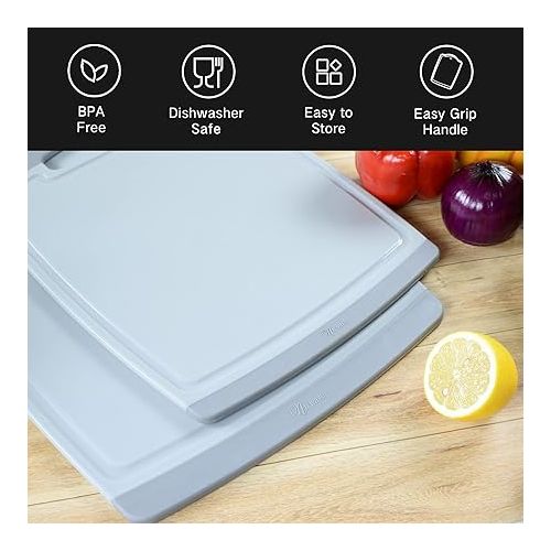  Nuwave 2-Piece Cutting Board Set, Extra Large 18”x12”, Large 14”x10.5”, Lightweight & Easy to Store, Juice Well for No Drip Carving, Easy Grip Handle, Non-Porous Surface, BPA Free, Dishwasher-Safe