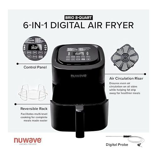  NUWAVE Brio 8-Qt Air Fryer, Powerful 1800W, Easy-to-Read Cool White Display, 50°-400°F Temp Controls, 100 Pre-Programmed Presets & 50 Memory Slots, Integrated Smart Thermometer, Linear T Technology