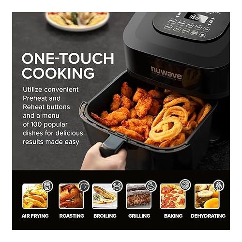  NUWAVE Brio 8-Qt Air Fryer, Powerful 1800W, Easy-to-Read Cool White Display, 50°-400°F Temp Controls, 100 Pre-Programmed Presets & 50 Memory Slots, Integrated Smart Thermometer, Linear T Technology