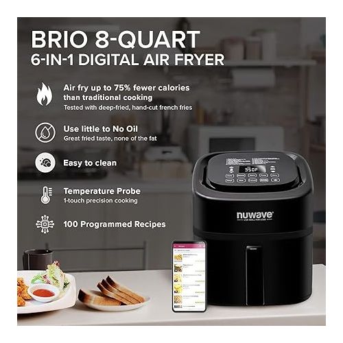  NUWAVE Brio 8-Qt Air Fryer, Powerful 1800W, Easy-to-Read Cool White Display, 50°-400°F Temp Controls, 100 Pre-Programmed Presets & 50 Memory Slots, Integrated Smart Thermometer, Linear T Technology