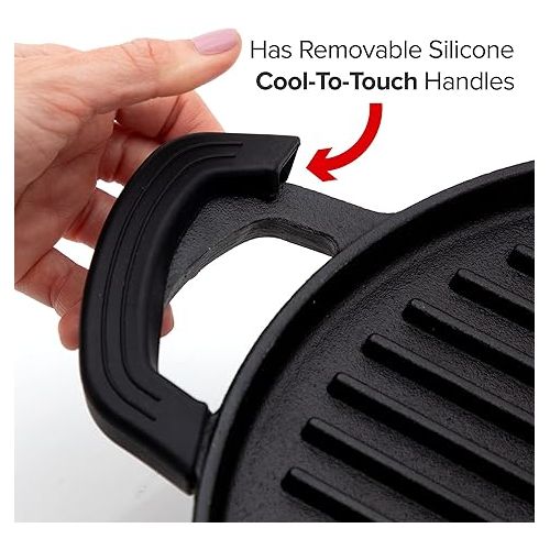  Nuwave Cast Iron Grill, 12.42”x10.21” Non-Stick Grilling Surface, Deep Grill Ridges, Pre-Seasoned, Stay-Cool Silicone Handles, Easy-to-Clean,Oven Safe,Stovetop,BBQ,Fire & Smoker,Induction-Ready,Black