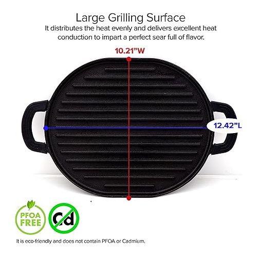  Nuwave Cast Iron Grill, 12.42”x10.21” Non-Stick Grilling Surface, Deep Grill Ridges, Pre-Seasoned, Stay-Cool Silicone Handles, Easy-to-Clean,Oven Safe,Stovetop,BBQ,Fire & Smoker,Induction-Ready,Black