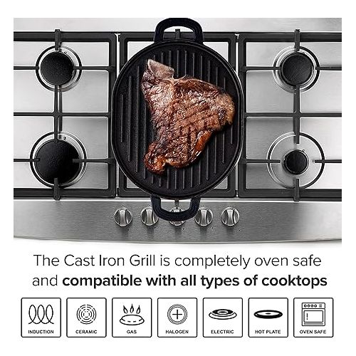  Nuwave Cast Iron Grill, 12.42”x10.21” Non-Stick Grilling Surface, Deep Grill Ridges, Pre-Seasoned, Stay-Cool Silicone Handles, Easy-to-Clean,Oven Safe,Stovetop,BBQ,Fire & Smoker,Induction-Ready,Black