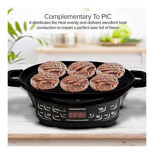  Nuwave Cast Iron Grill, 12.42”x10.21” Non-Stick Grilling Surface, Deep Grill Ridges, Pre-Seasoned, Stay-Cool Silicone Handles, Easy-to-Clean,Oven Safe,Stovetop,BBQ,Fire & Smoker,Induction-Ready,Black