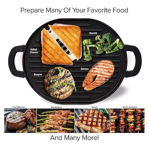  Nuwave Cast Iron Grill, 12.42”x10.21” Non-Stick Grilling Surface, Deep Grill Ridges, Pre-Seasoned, Stay-Cool Silicone Handles, Easy-to-Clean,Oven Safe,Stovetop,BBQ,Fire & Smoker,Induction-Ready,Black