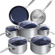 Nuwave Healthy Duralon Blue Ceramic Nonstick Cookware Set, Diamond Infused Scratch-Resistant, PFAS Free, Dishwasher & Oven Safe, Induction Ready & Evenly Heats, Tempered Glass Lids & Stay-Cool Handles