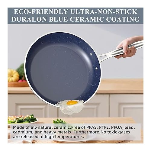  Nuwave Healthy Duralon Blue Ceramic Nonstick Cookware Set, Diamond Infused Scratch-Resistant, PFAS Free, Dishwasher & Oven Safe, Induction Ready & Evenly Heats, Tempered Glass Lids & Stay-Cool Handles