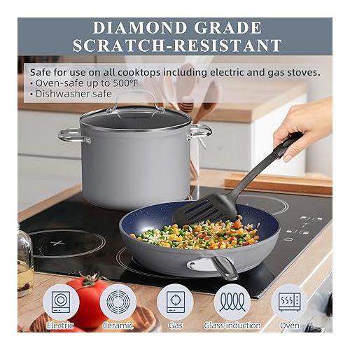  Nuwave Healthy Duralon Blue Ceramic Nonstick Cookware Set, Diamond Infused Scratch-Resistant, PFAS Free, Dishwasher & Oven Safe, Induction Ready & Evenly Heats, Tempered Glass Lids & Stay-Cool Handles