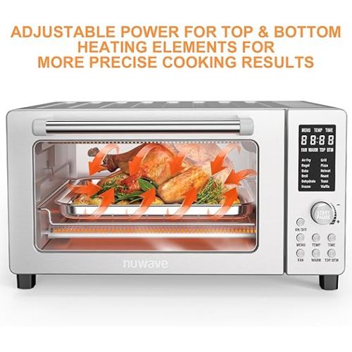  Nuwave Bravo 12-in-1 Air Fryer Toaster Oven Combo, Airfryer Convection Oven Countertop, 1800 Watts, 21-Qt Capacity, 50°-450°F Temp Controls, 65 Recipes & 4 Accessories, Silver- Stainless Steel