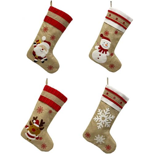  Nuxn 19inch Extra Large Burlap Christmas Stockings 4pcs Big Size Classic Christmas Stocking Santa Snowman Reindeer Xmas Character Fireplace Hanging Stockings Gift Card Bags Holders