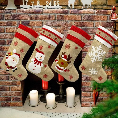  Nuxn 19inch Extra Large Burlap Christmas Stockings 4pcs Big Size Classic Christmas Stocking Santa Snowman Reindeer Xmas Character Fireplace Hanging Stockings Gift Card Bags Holders