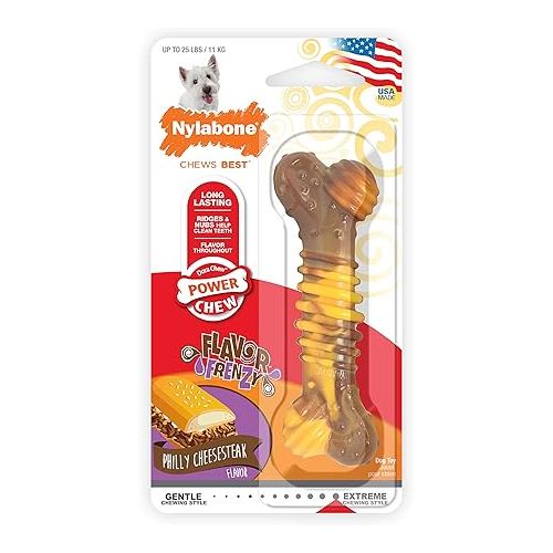  Nylabone Power Chew Flavor Frenzy Dental Bone Chew Toy for Dogs, Indestructible Chew Toys for Aggressive Chewers, Philly Cheesesteak Flavor, Small/Regular - Up to 25 Ibs. (1 Count)