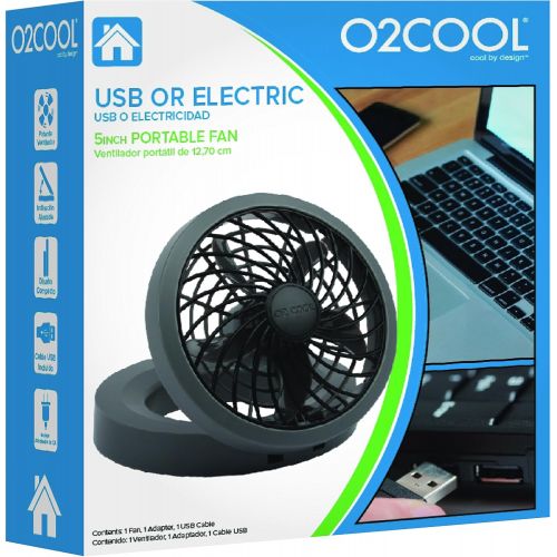  O2COOL 5 Portable USB or Electric Fan (Black/Gray)