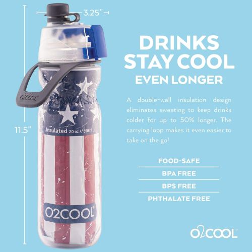  O2COOL Mist N Sip Misting Water Bottle 2-in-1 Mist And Sip Function With No Leak Pull Top Spout (Patriot)