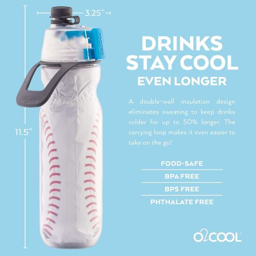  O2COOL Mist N Sip Misting Water Bottle 2-in-1 Mist And Sip Function With No Leak Pull Top Spout (Baseball)