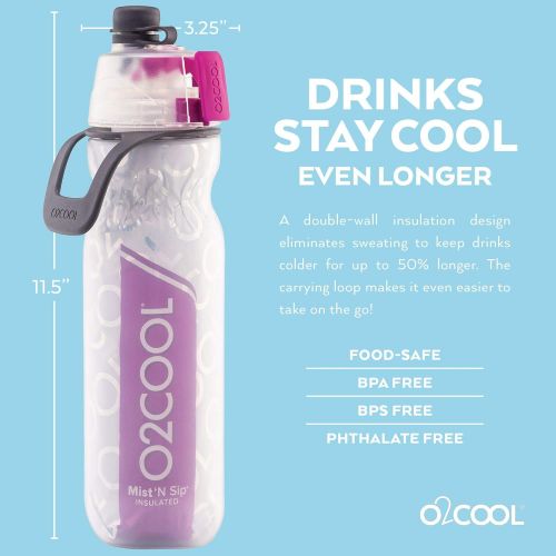  O2COOL Mist N Sip Misting Water Bottle 2-in-1 Mist And Sip Function With No Leak Pull Top Spout (Magenta / Purple) - 2 Pack