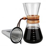 Pour Over Coffee Maker, OAMCEG 20 oz Borosilicate Glass Carafe and Reusable Stainless Steel Permanent Filter Manual Coffee Dripper Brewer with Real Wood Sleeve