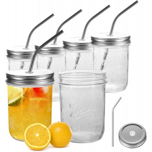  [아마존베스트]6 Pack Mason Jars 16 OZ, OAMCEG Mason Jar Cups with Lids and Straws, 100% Recycled Sipper Drinking Glasses/Jars/Mugs for Regular & Wide Mouth Mason Jars, One Size