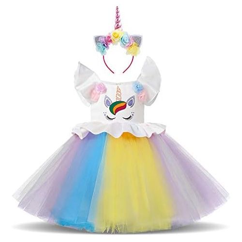  OBEEII Unicorn Princess Costume Halloween Flower Applique Rainbow Tutu Dress Fancy Dress Up Birthday Party Pageant Cosplay