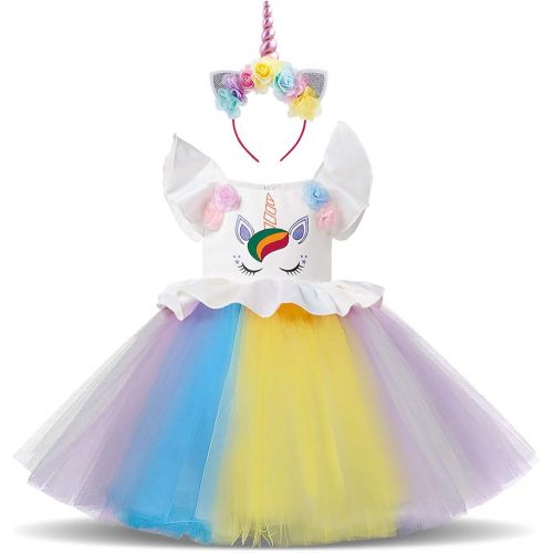  OBEEII Unicorn Princess Costume Halloween Flower Applique Rainbow Tutu Dress Fancy Dress Up Birthday Party Pageant Cosplay