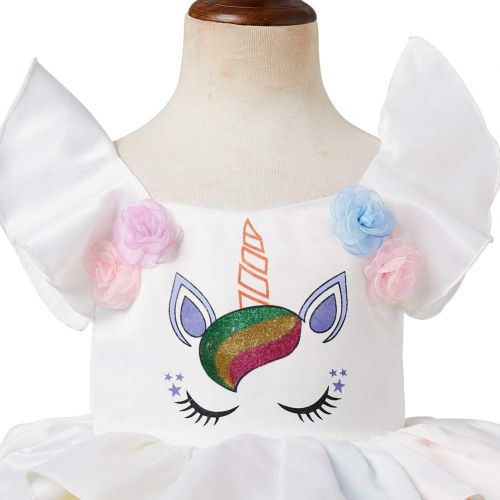  OBEEII Unicorn Princess Costume Halloween Flower Applique Rainbow Tutu Dress Fancy Dress Up Birthday Party Pageant Cosplay